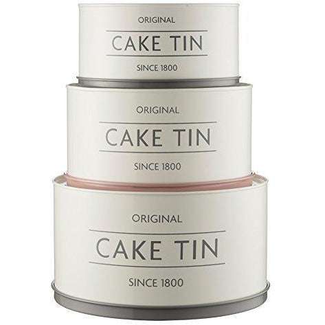 Mason Cash Innovative Kitchen Set of 3 Cake Tins, showcasing the stylish design of stackable cake tins in white, grey, and pink.