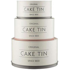 Mason Cash Innovative Kitchen Set of 3 Cake Tins, showcasing the stylish design of stackable cake tins in white, grey, and pink.