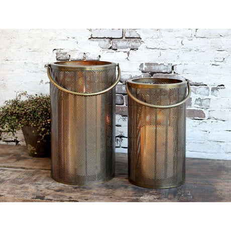 Medium Brass Lantern With Herringbone Cut-Out Pattern - Antique Finish, 30.5cm High - Home Deco London