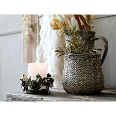 Medium Dusty Green Ceramic Flower Pot With Rounded Shape And Fan Pattern - Home Deco London
