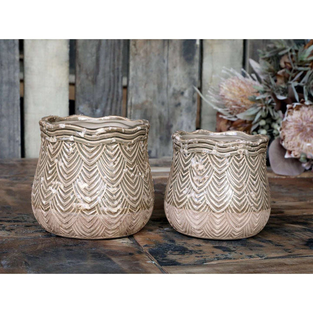 Medium Dusty Green Ceramic Flower Pot With Rounded Shape And Fan Pattern - Home Deco London
