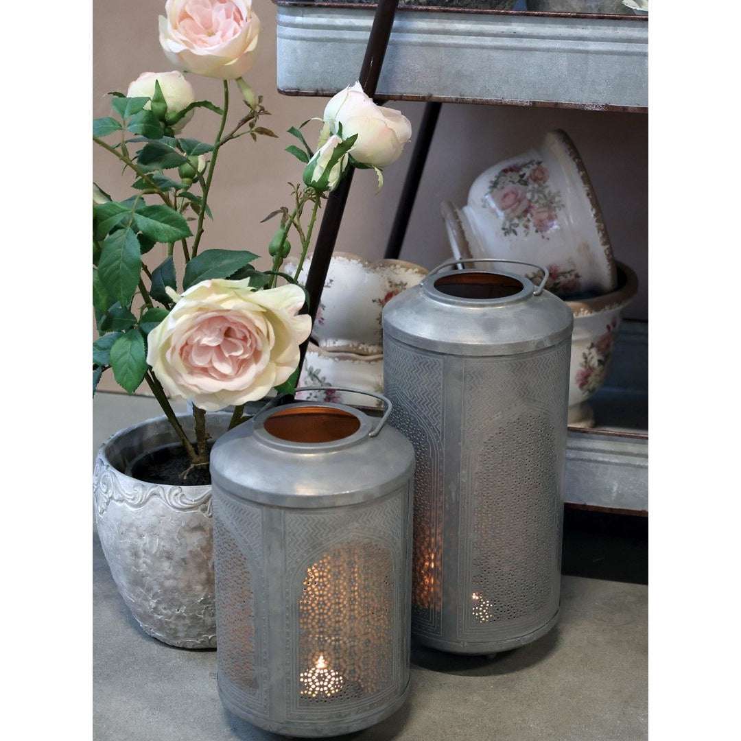 Medium Grey Metal Lantern With Pattern For 7Cm Diameter Candles - Chic Antique - Home Deco London