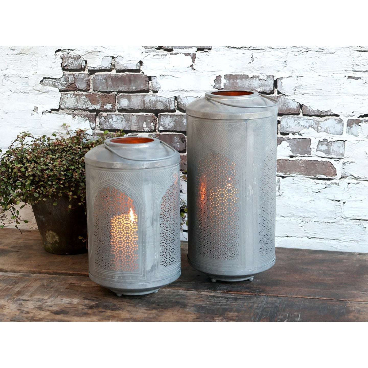 Medium Grey Metal Lantern With Pattern For 7Cm Diameter Candles - Chic Antique - Home Deco London
