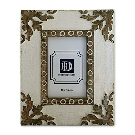 Natural Mango Wood Photo Frame 4x6In With Carved Leaf Design - Rustic Handmade Decor - Home Deco London