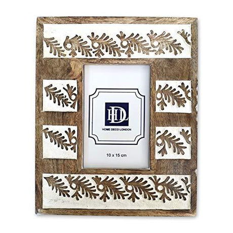 Natural Wood Photo Frame 10x15cm - White Carved Fern Design in Sustainable Mango Wood - Home Deco London