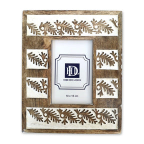 Natural Wood Photo Frame 10x15cm - White Carved Fern Design in Sustainable Mango Wood - Home Deco London