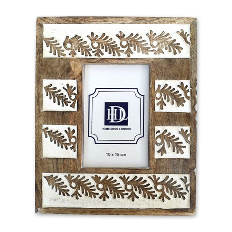 Natural Wood Photo Frame 10x15cm - White Carved Fern Design in Sustainable Mango Wood - Home Deco London