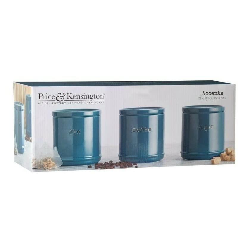 Close-up of Price & Kensington Accents Teal Tea Coffee & Sugar Canisters showcasing the deboss text detail and molded lid design for stacking.