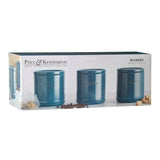 Close-up of Price & Kensington Accents Teal Tea Coffee & Sugar Canisters showcasing the deboss text detail and molded lid design for stacking.