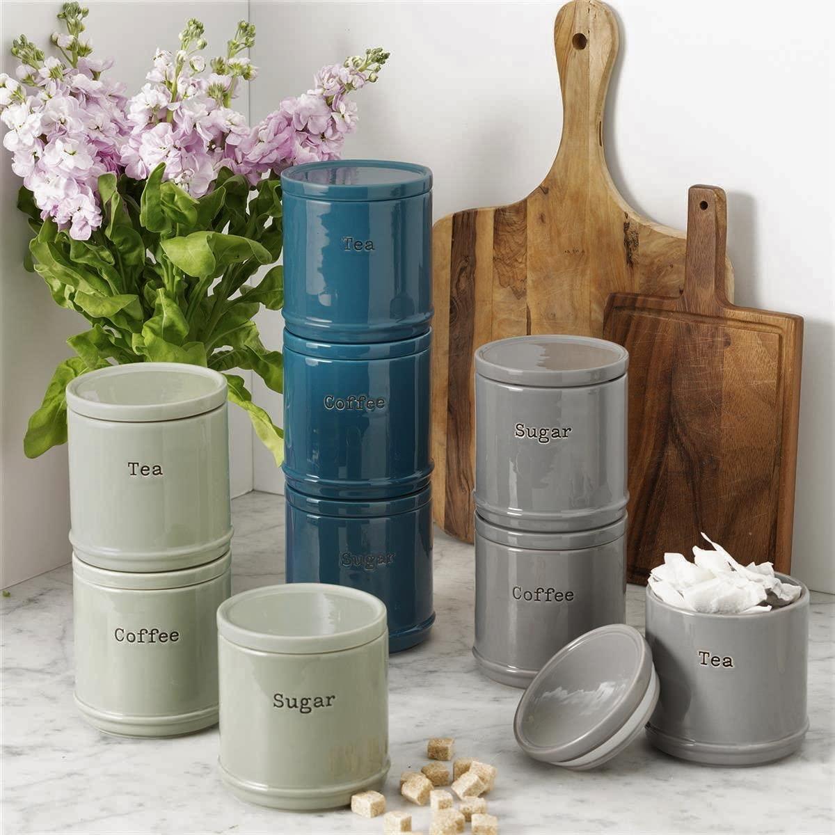 Price & Kensington Accents Teal Tea Coffee & Sugar Canisters beautifully presented in a gift box, ideal for housewarming gifts.