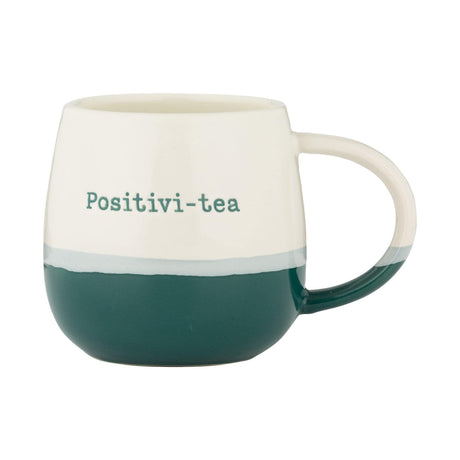 Price & Kensington Stoneware Tea Mug 340ml White & Green with Quirky Slogan Positivi-Tea - Home Deco London