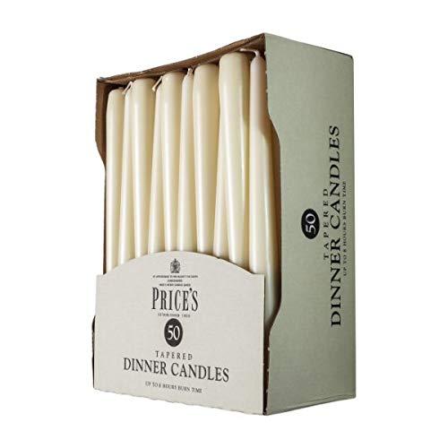 Close-up view of Price's Candles Tapered Dinner Candles displaying the smooth ivory finish, ideal for any dinner setting and event.