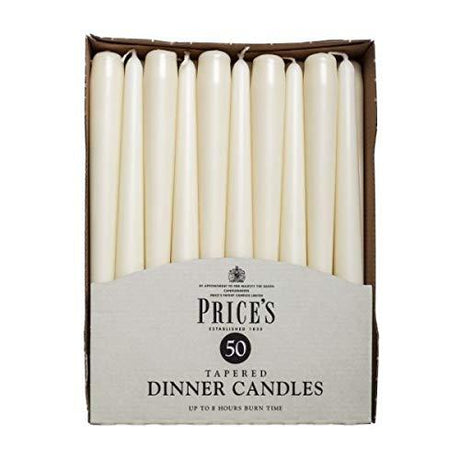 Pack of 50 Price's Candles Tapered Dinner Candles in elegant ivory, perfect for creating a warm atmosphere for dinners and special occasions.