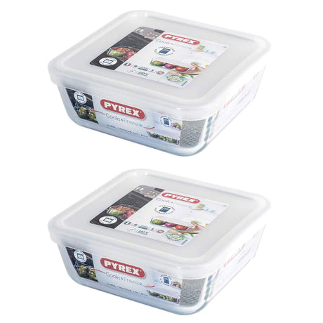 Pyrex Cook & Freeze 2-Pack Glass Containers with Plastic Lids 0.85 Litre Square - Home Deco London