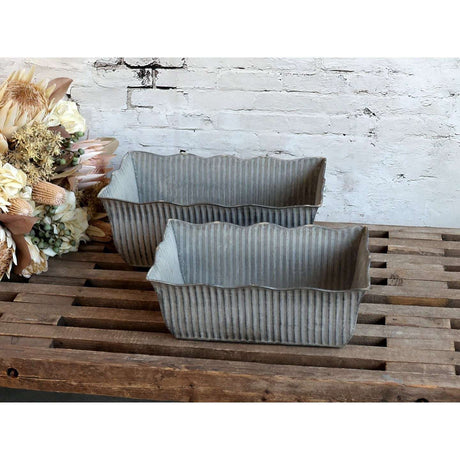 Set of 2 Antique Zinc Window Boxes with Grooved Detail - Stylish Balcony Planters - Home Deco London