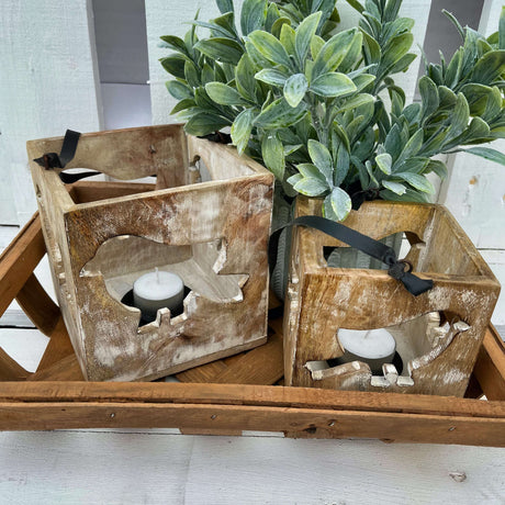 Set of 2 Carved Bird Lantern in Mango Wood T-Light Holders, Stylish Home Décor - Home Deco London
