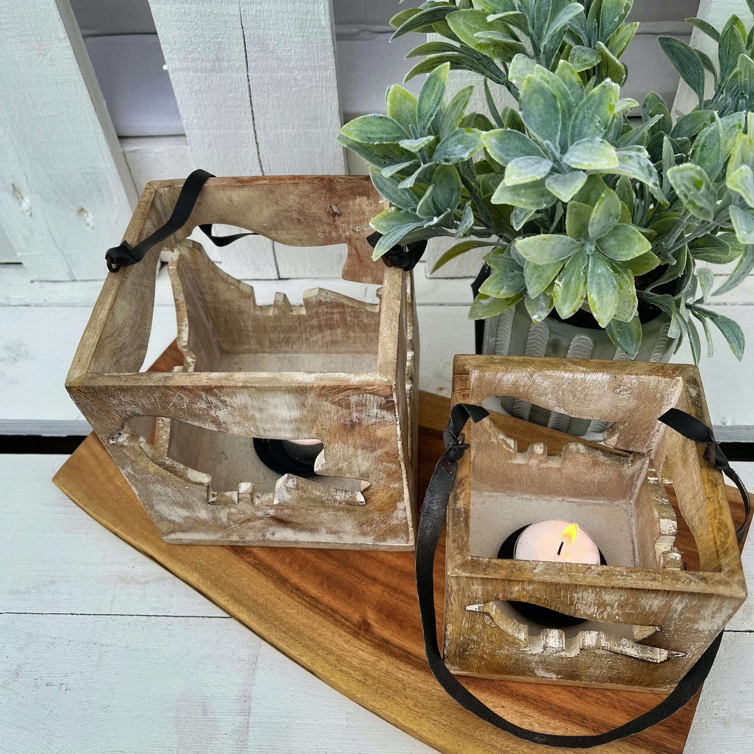 Set of 2 Carved Bird Lantern in Mango Wood T-Light Holders, Stylish Home Décor - Home Deco London