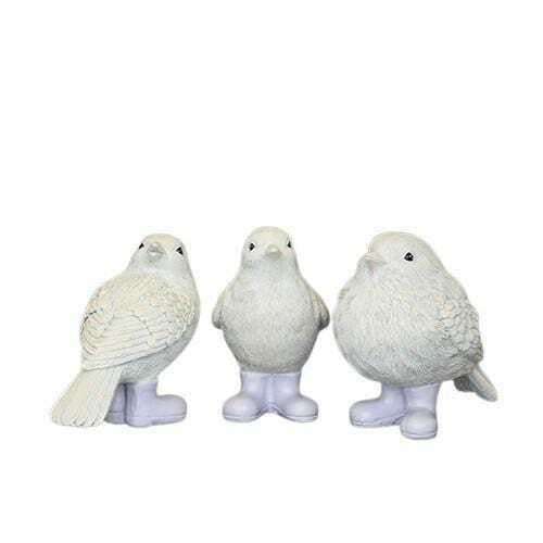 Set of 3 Wellies Bird Figurines in Gift Box - White and Lilac 10cm Decorative Birds - Home Deco London