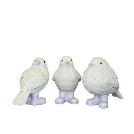 Set of 3 Wellies Bird Figurines in Gift Box - White and Lilac 10cm Decorative Birds - Home Deco London