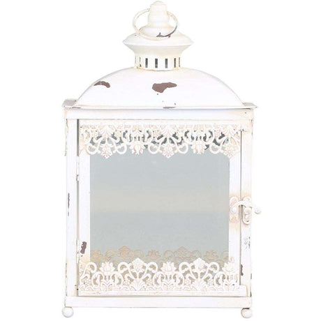 Shabby Chic Vintage Cream Lantern with Glass Door - Antique Style Decorative Light - Home Deco London