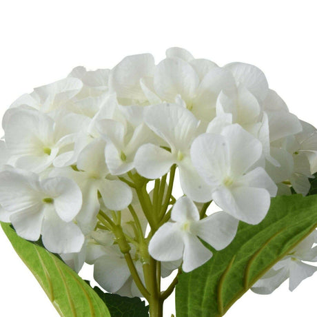Single Artificial Hydrangea Stem - Lifelike White Flower with Detailed Green Leaves, 46cm - Home Deco London