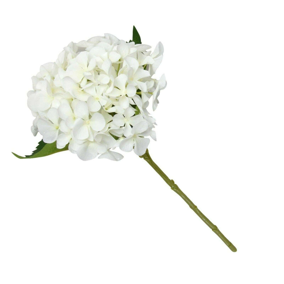 Single Artificial Hydrangea Stem - Lifelike White Flower with Detailed Green Leaves, 46cm - Home Deco London