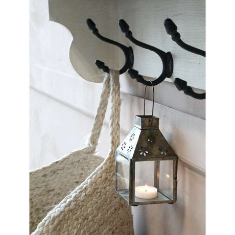 Small Antique Brass Lantern For Tea Lights With Cut-Out Flower Design, H14.5cm - Home Deco London