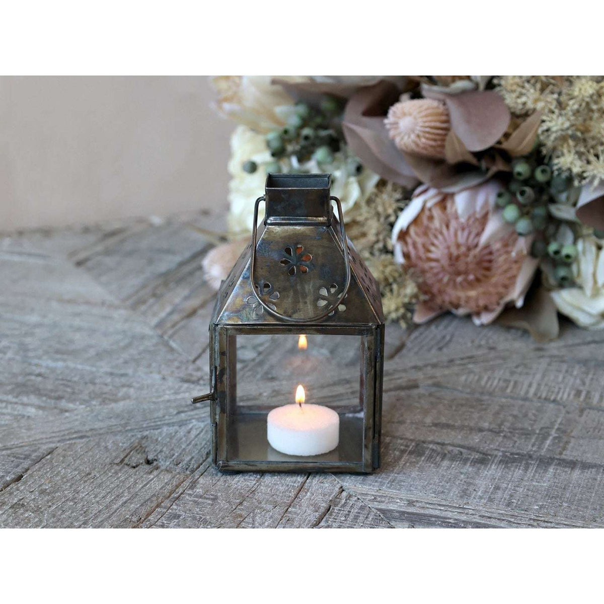 Small Antique Brass Lantern For Tea Lights With Cut-Out Flower Design, H14.5cm - Home Deco London
