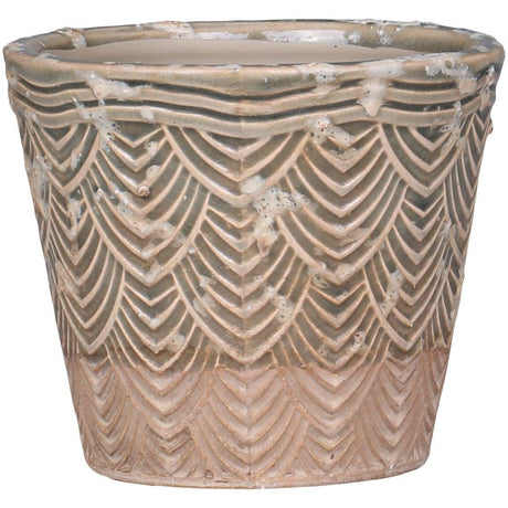 Small Dusty Green Ceramic Flowerpot with Fan Pattern by Chic Antique, H10/D11 cm - Home Deco London