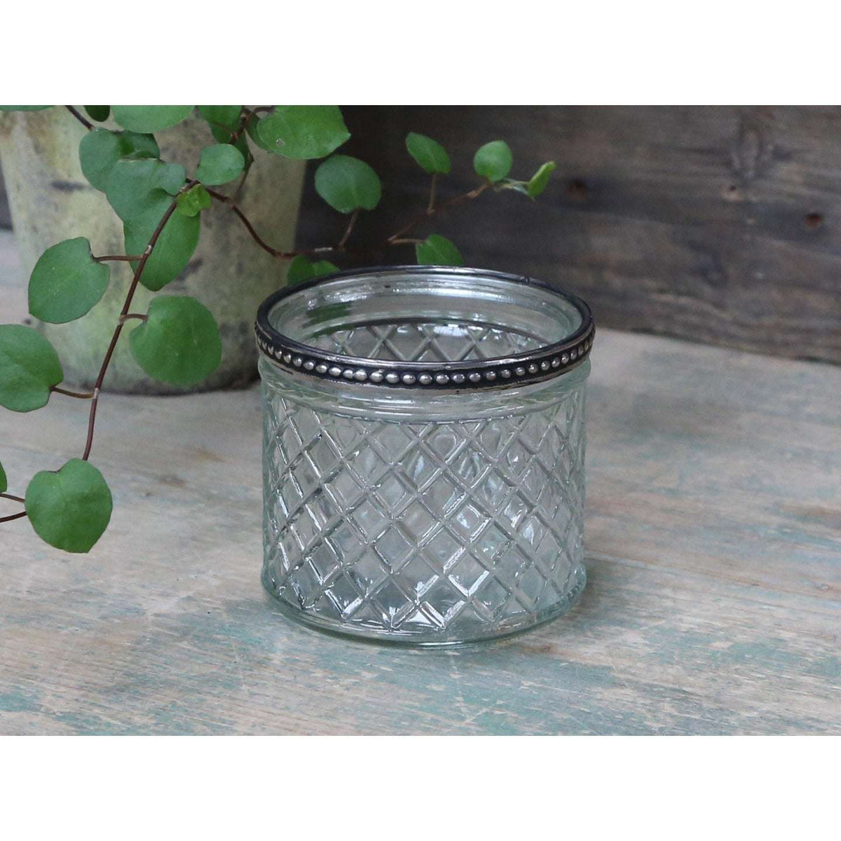 Small Patterned Glass Tealight Holder with Metallic Pearl Edge - Versatile Flowerpot Vase - Home Deco London