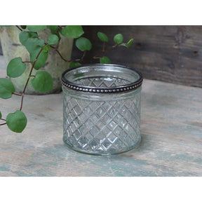 Small Patterned Glass Tealight Holder with Metallic Pearl Edge - Versatile Flowerpot Vase - Home Deco London