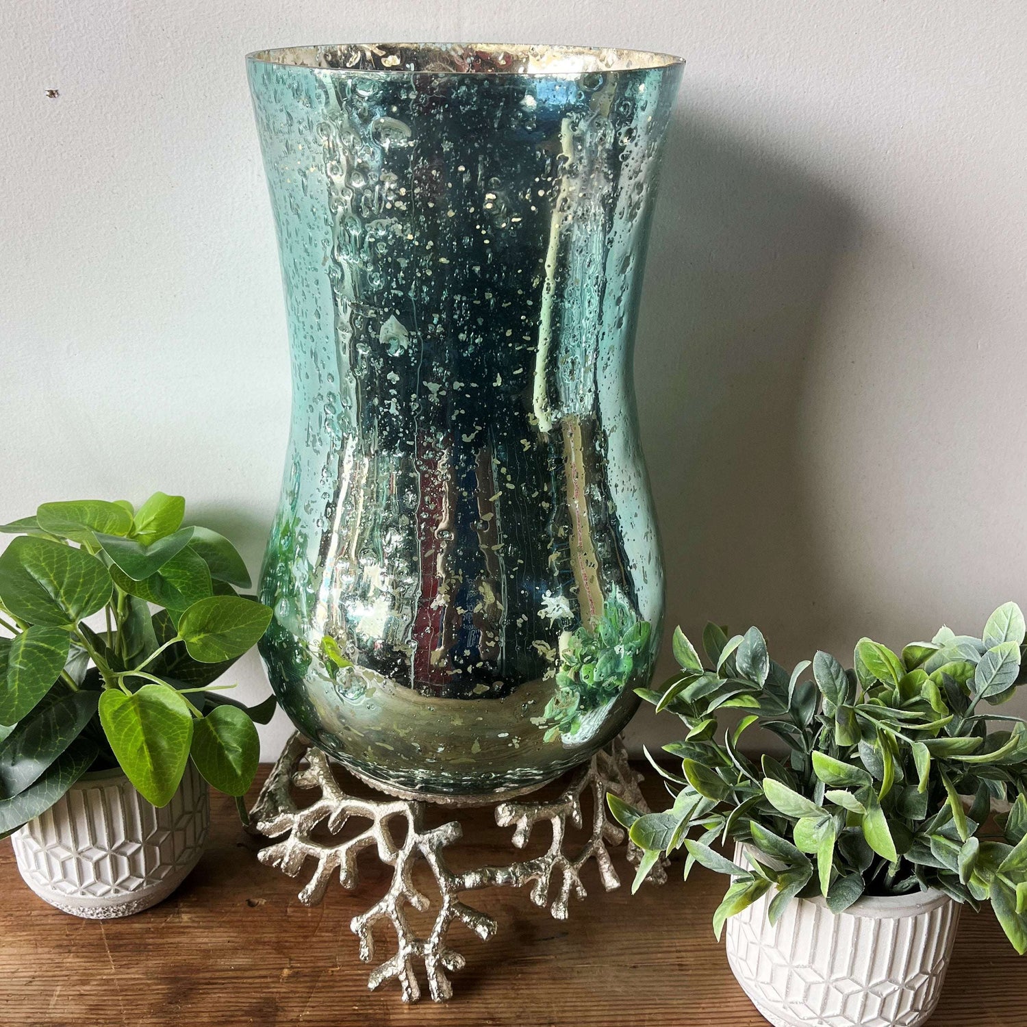 Stylish Aqua Glass Hurricane Lantern with Nickel Base – Modern Coral Design, 48cm Tall - Home Deco London