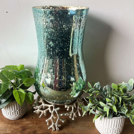 Stylish Aqua Glass Hurricane Lantern with Nickel Base – Modern Coral Design, 48cm Tall - Home Deco London