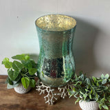 Stylish Aqua Glass Hurricane Lantern with Nickel Base – Modern Coral Design, 48cm Tall - Home Deco London