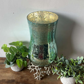 Stylish Aqua Glass Hurricane Lantern with Nickel Base – Modern Coral Design, 48cm Tall - Home Deco London