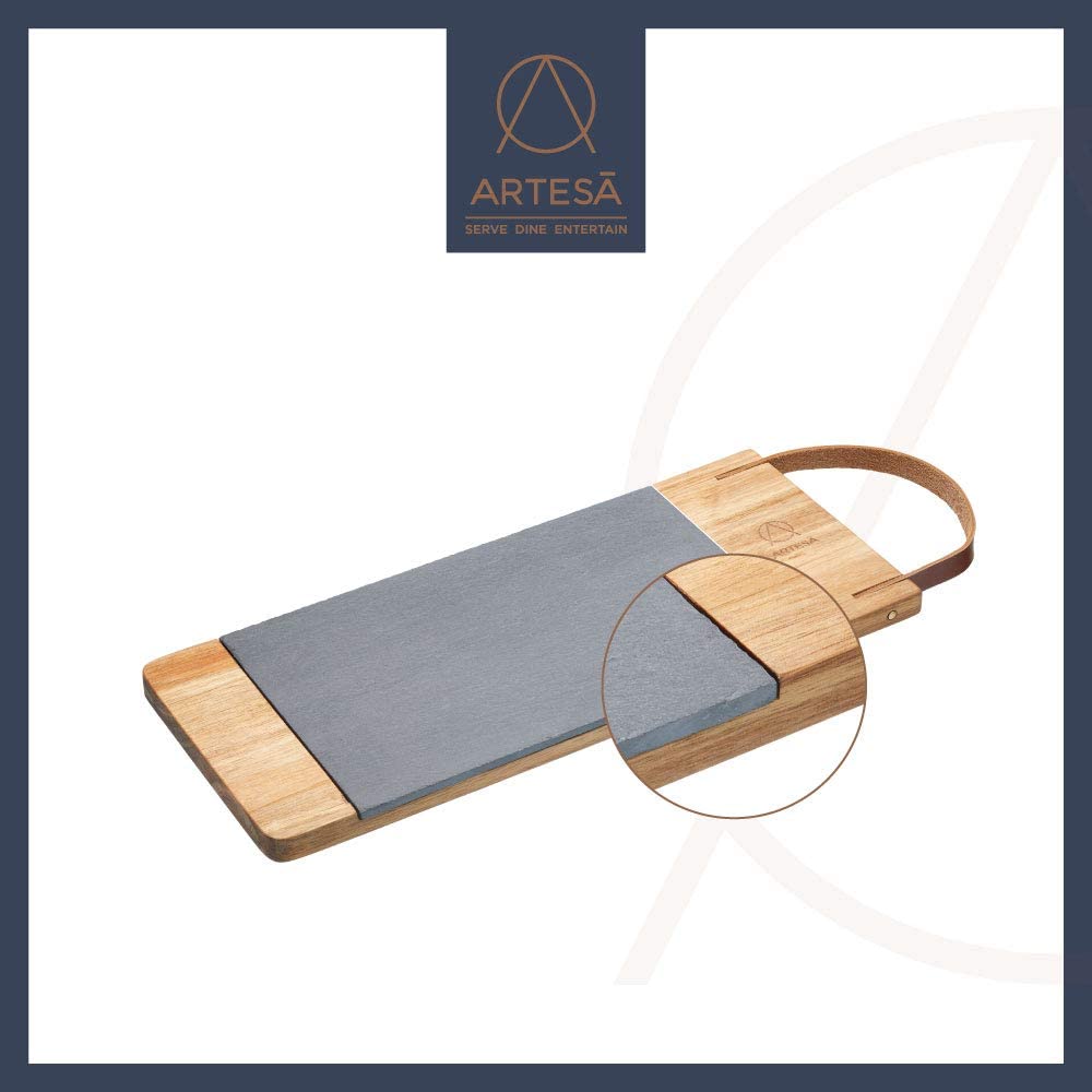 Stylish Wooden Serving Tray with Leather Strap & Removable Slate Platter for Elegant Serving - Home Deco London