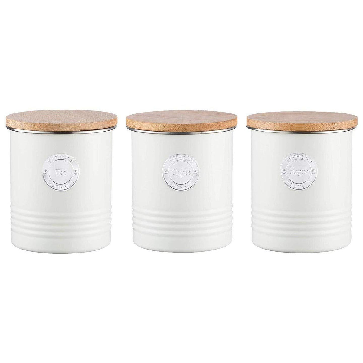 Typhoon Living Tea Coffee and Sugar Storage Set of 3 Cream, stylish tea coffee storage set with bamboo lids.
