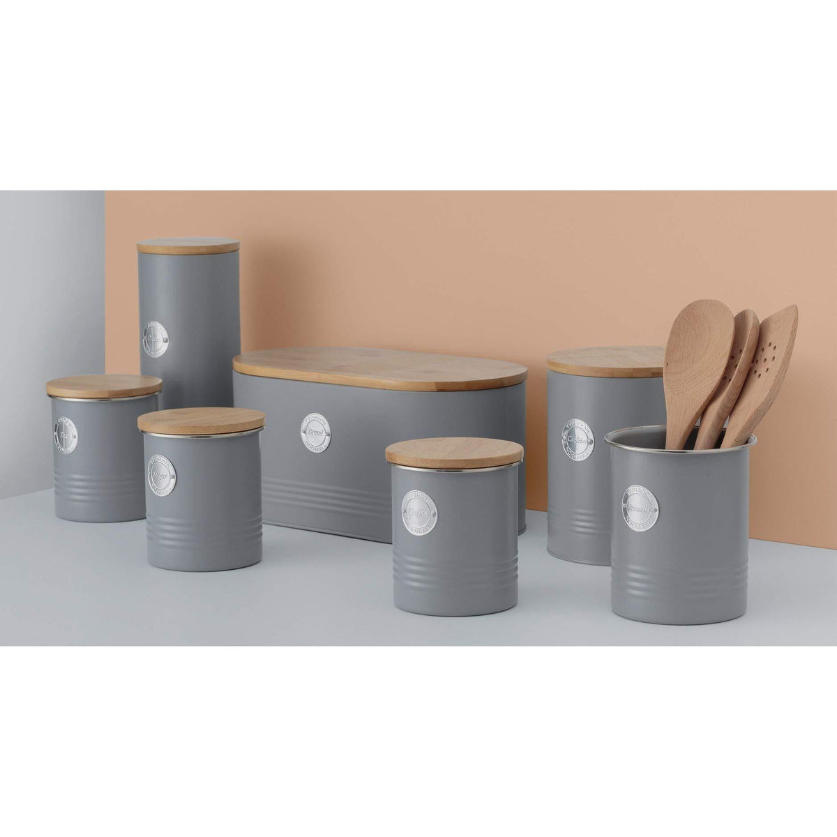 Set of 3 grey storage canisters from Typhoon Living for tea, coffee and sugar.