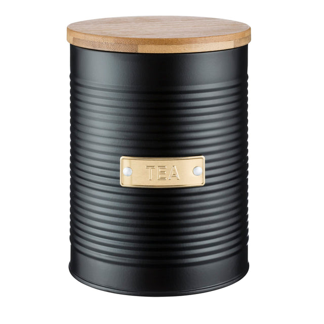 Typhoon Otto Black Tea Storage canister 1.4 Litre featuring a stylish matt black ribbed design, ideal for black tea storage.