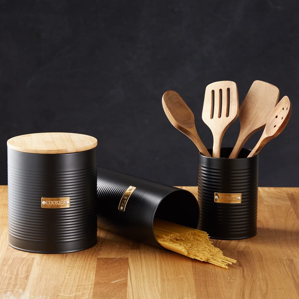 Typhoon Otto Black Cookie Storage canister with pasta and utensils beside it, demonstrating a chic way to store cookies and maintain kitchen style.