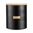 Typhoon Otto Black Cookie Storage canister with a bamboo lid, sleek ribbed design and gold 'Cookies' badge, ideal for stylish cookie storage.