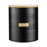 Typhoon Otto Black Cookie Storage canister with a bamboo lid, sleek ribbed design and gold 'Cookies' badge, ideal for stylish cookie storage.