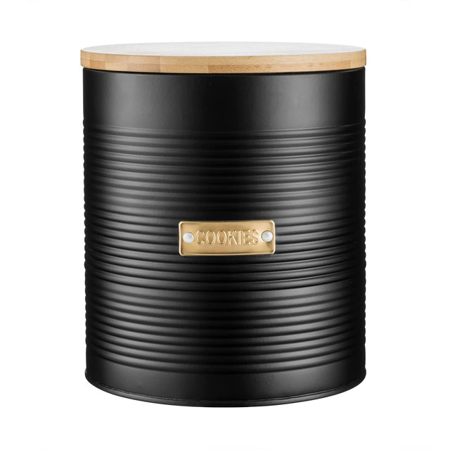 Typhoon Otto Black Cookie Storage canister with a bamboo lid, sleek ribbed design and gold 'Cookies' badge, ideal for stylish cookie storage.