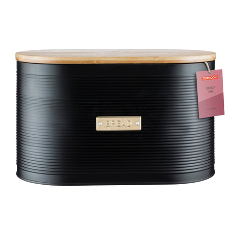 Typhoon Otto Black Bread Bin with Breathable Bamboo Lid, 10.5L Capacity, Matt Black Design - Home Deco London