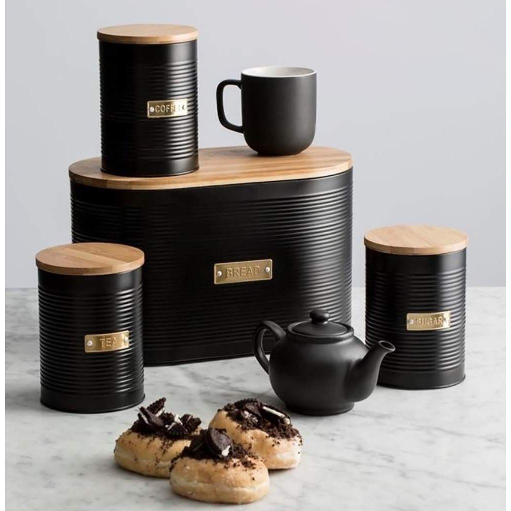 Typhoon Otto Black Set Of 3 Tea/Coffee/Sugar Storage featuring elegant tea storage canisters on a marble surface, perfect for stylish kitchen decor.