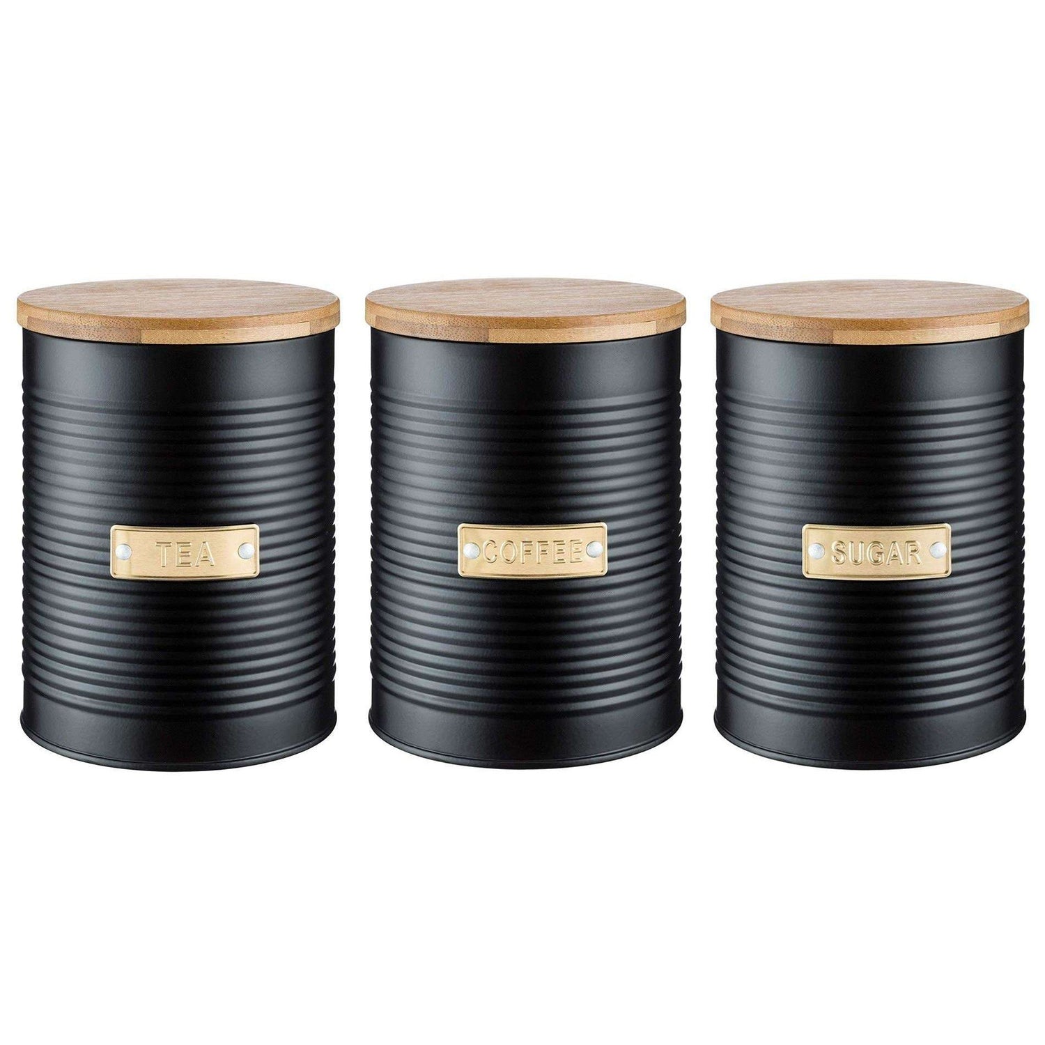Typhoon Otto Black Set Of 3 Tea/Coffee/Sugar Storage featuring matte black tea storage canisters with bamboo lids, ideal for keeping your kitchen organised.