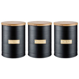Typhoon Otto Black Set Of 3 Tea/Coffee/Sugar Storage featuring matte black tea storage canisters with bamboo lids, ideal for keeping your kitchen organised.