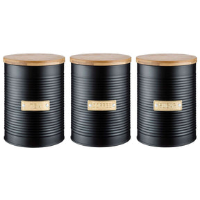 Typhoon Otto Black Set Of 3 Tea/Coffee/Sugar Storage featuring matte black tea storage canisters with bamboo lids, ideal for keeping your kitchen organised.