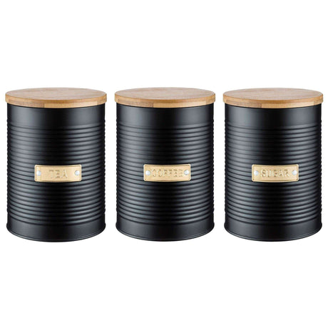 Typhoon Otto Black Set Of 3 Tea/Coffee/Sugar Storage featuring matte black tea storage canisters with bamboo lids, ideal for keeping your kitchen organised.