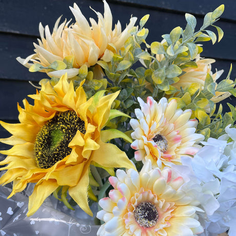 Vibrant Sunflower Gerbera Bouquet - Cheerful Artificial Flowers in White, Yellow, and Red - Home Deco London